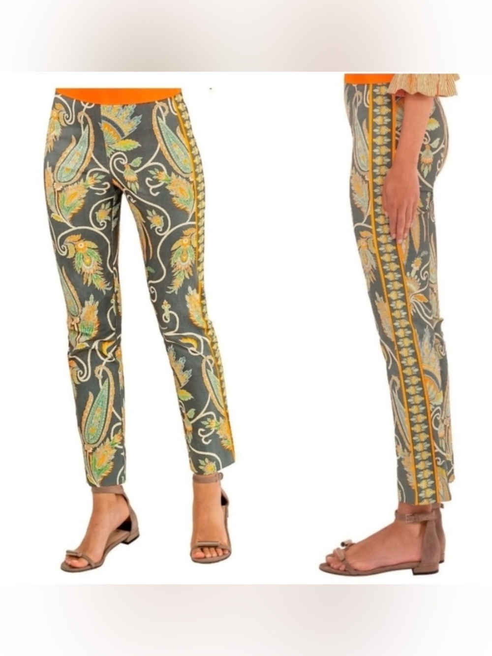Gretchen Scott Designs Olive Slim Ankle Pants with Orange Trim Sz M